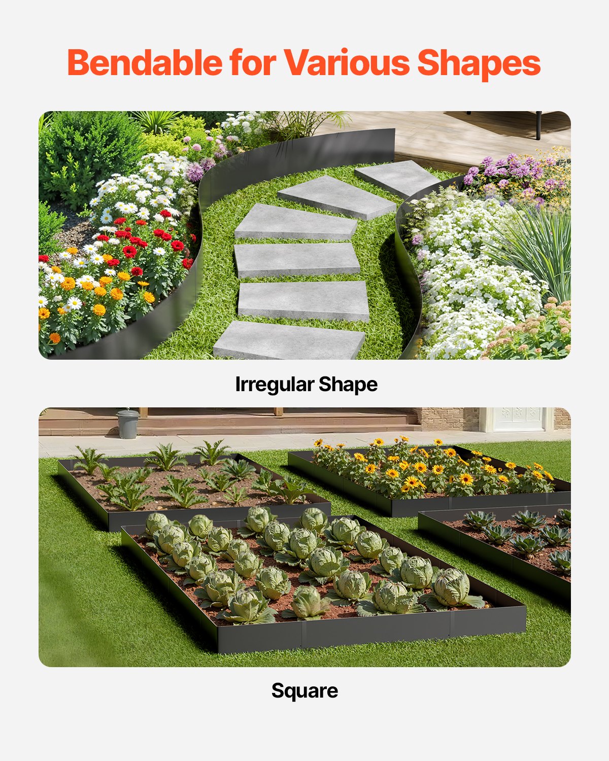 VEVOR Steel Garden Edging 4-Pack, 101x30cm Rust-Resistant Bendable Metal Lawn Border, Easy Install Landscape Divider, Black - Pilt 4