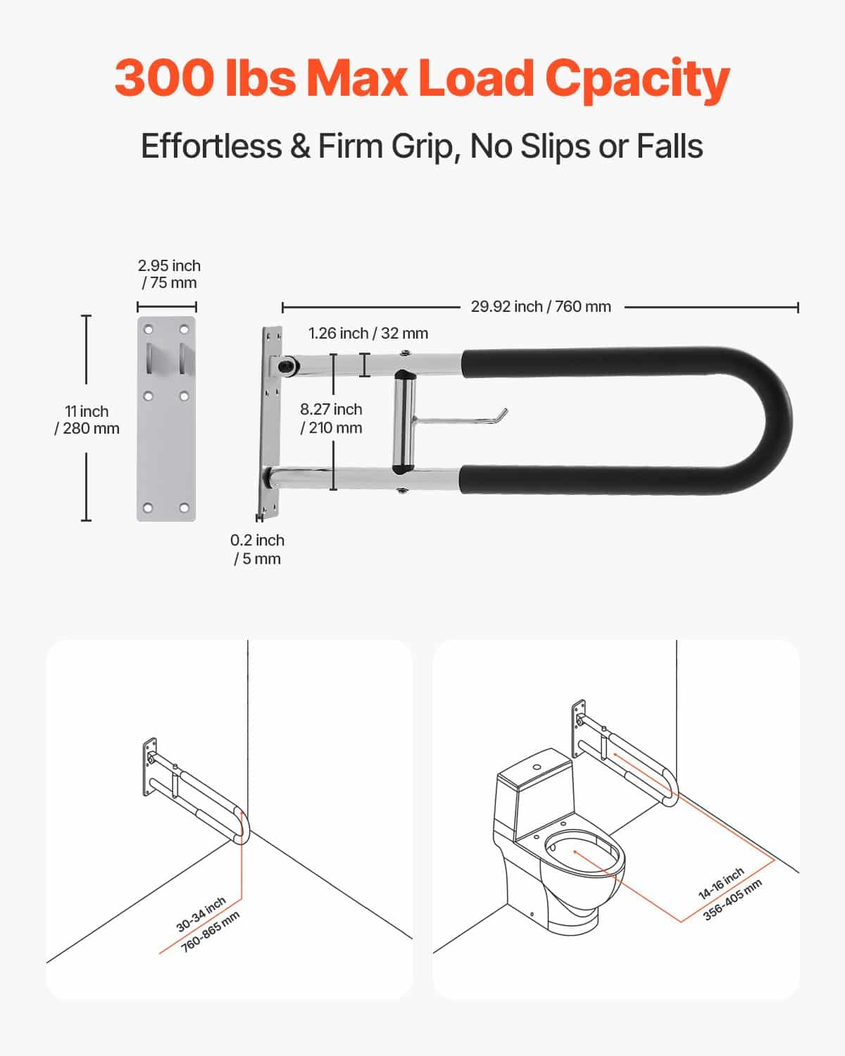 VEVOR Foldable Toilet Safety Rail with Paper Holder, 76 cm U-Shaped Grab Bar for Seniors, 136 kg Load, Anti-Slip Handle — изображение 2
