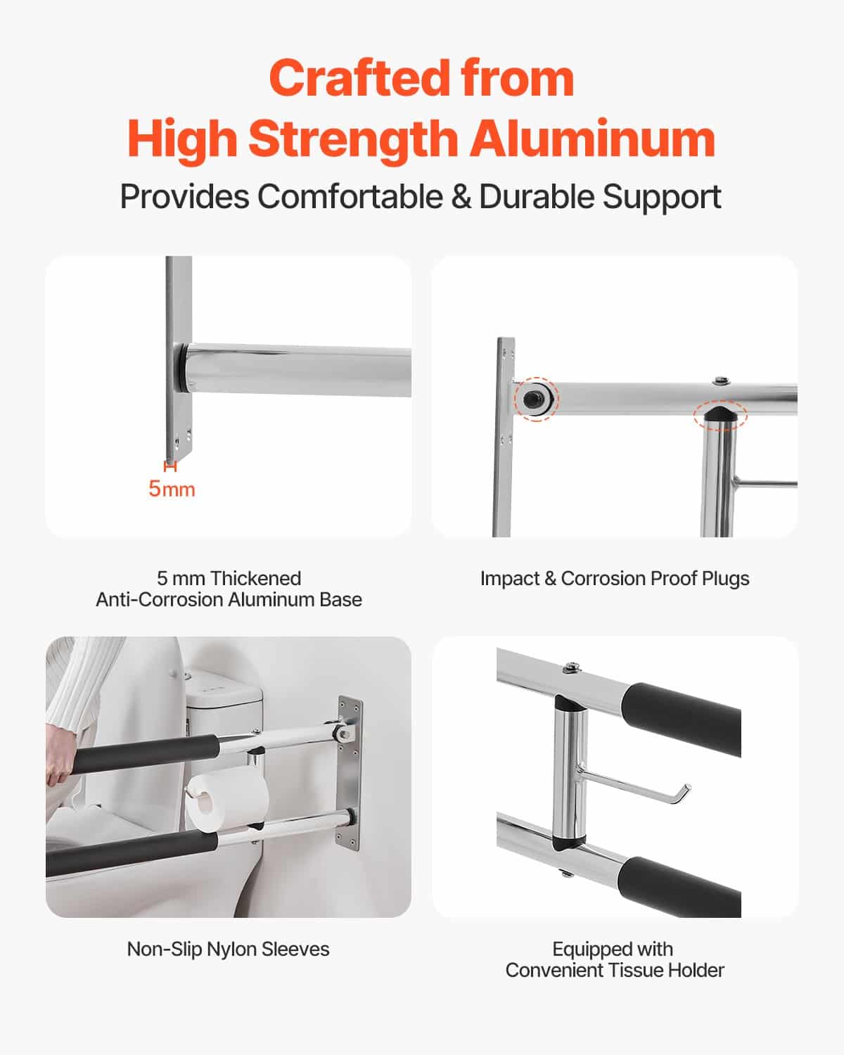 VEVOR Foldable Toilet Safety Rail with Paper Holder, 76 cm U-Shaped Grab Bar for Seniors, 136 kg Load, Anti-Slip Handle — изображение 3