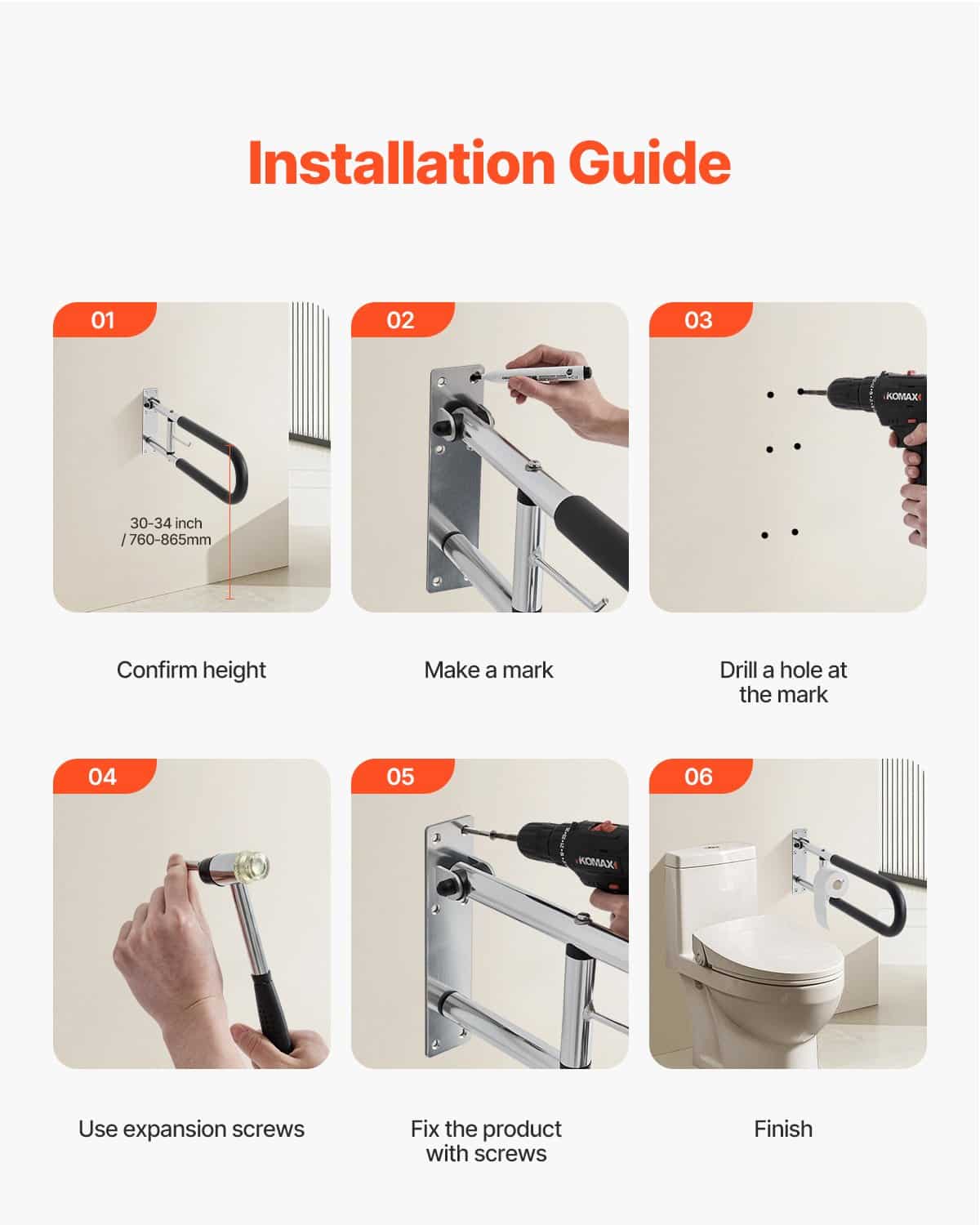 VEVOR Foldable Toilet Safety Rail with Paper Holder, 76 cm U-Shaped Grab Bar for Seniors, 136 kg Load, Anti-Slip Handle — изображение 4