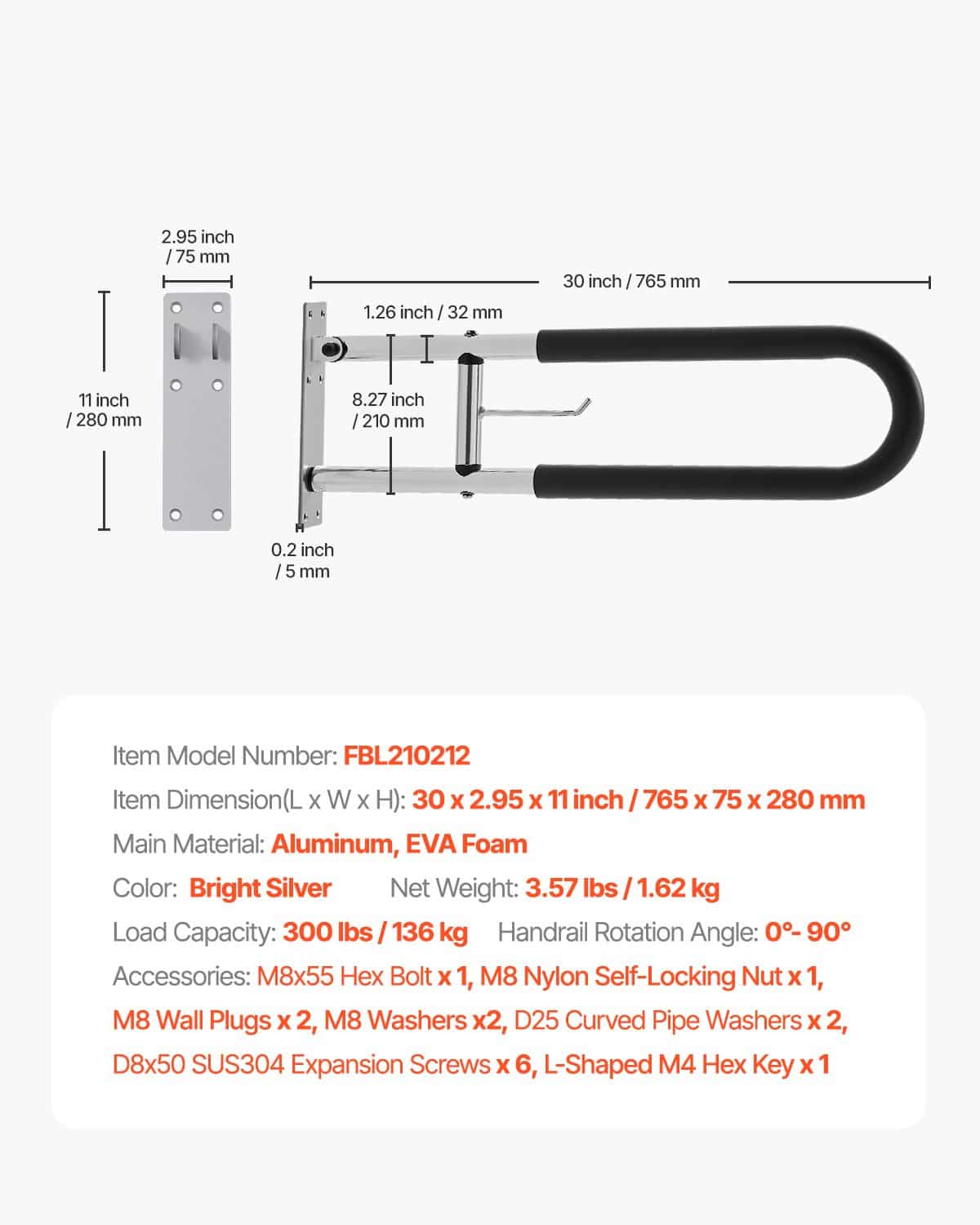 VEVOR Foldable Toilet Safety Rail with Paper Holder, 76 cm U-Shaped Grab Bar for Seniors, 136 kg Load, Anti-Slip Handle — изображение 7