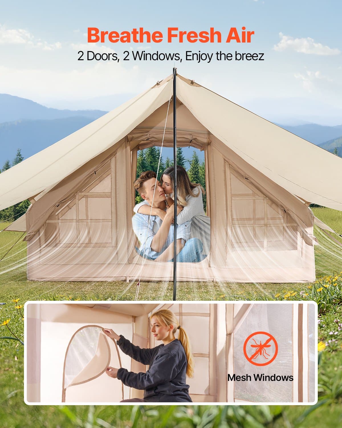 VEVOR Inflatable 4-Season Camping Tent for 3-5 People with Pump, Canopy, Stove Jack, 300D Oxford, 2 Doors, Mesh Windows - Image 5