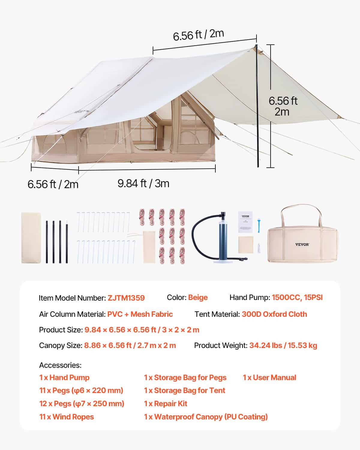 VEVOR Inflatable 4-Season Camping Tent for 3-5 People with Pump, Canopy, Stove Jack, 300D Oxford, 2 Doors, Mesh Windows - Image 7