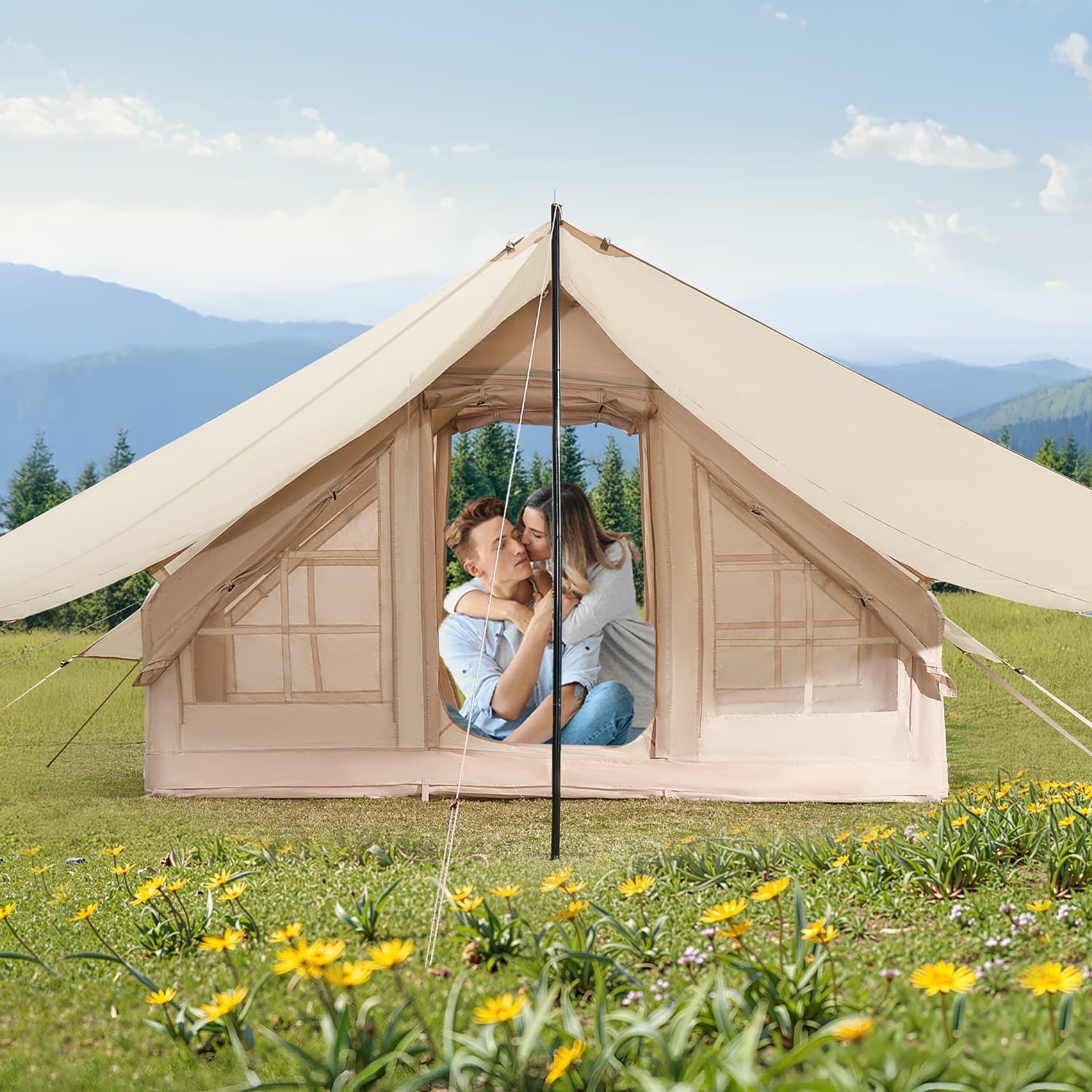 VEVOR Inflatable 4-Season Camping Tent for 3-5 People with Pump, Canopy, Stove Jack, 300D Oxford, 2 Doors, Mesh Windows - Image 8