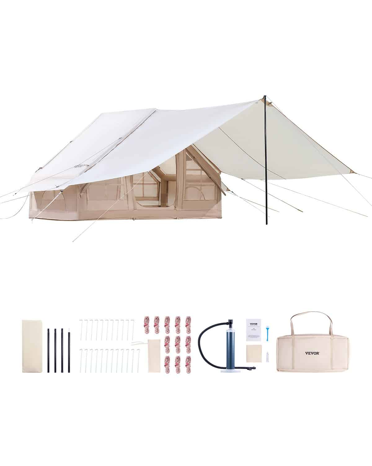 VEVOR Inflatable 4-Season Camping Tent for 3-5 People with Pump, Canopy, Stove Jack, 300D Oxford, 2 Doors, Mesh Windows