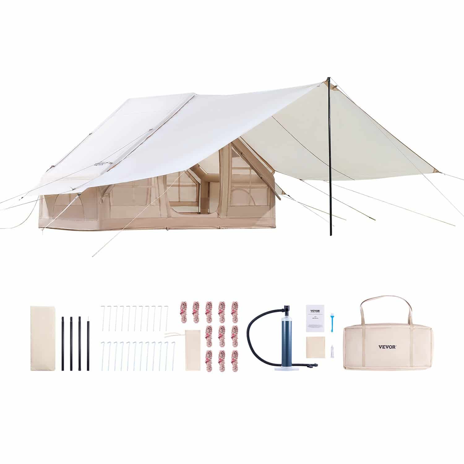 VEVOR Inflatable 4-Season Camping Tent for 3-5 People with Pump, Canopy, Stove Jack, 300D Oxford, 2 Doors, Mesh Windows - Image 9