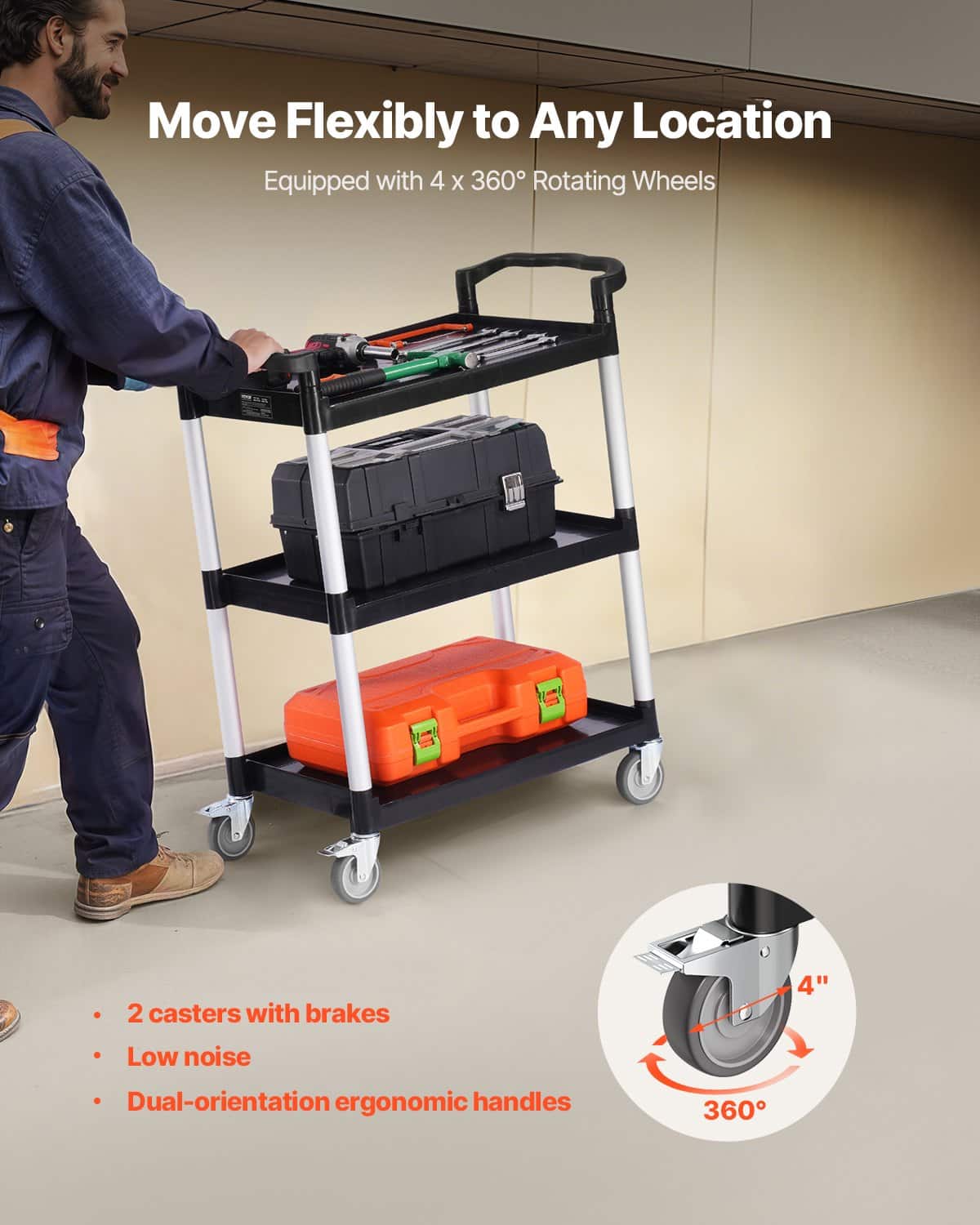VEVOR 3-Tier Utility Cart with 136 kg Load, Swivel Wheels & Brakes, 62 x 41 cm, for Kitchen, Office, Garage, Restaurant - Image 3