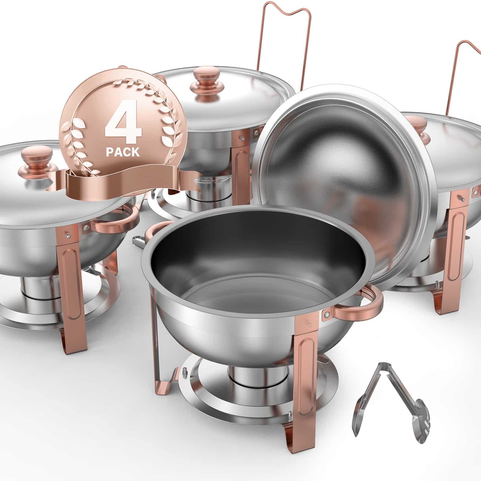 VEVOR 4-Pack 4.7L Rose Gold Chafing Dish Set – Stainless Steel Buffet Warmers with Lids & Folding Stands for Events