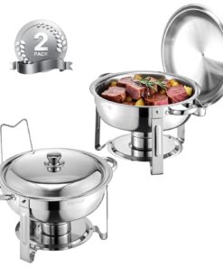 VEVOR 5L Chafing Dish Buffet Set, 2-Pack Stainless Steel Round Catering Warmers with Lids & Folding Stands, Silver