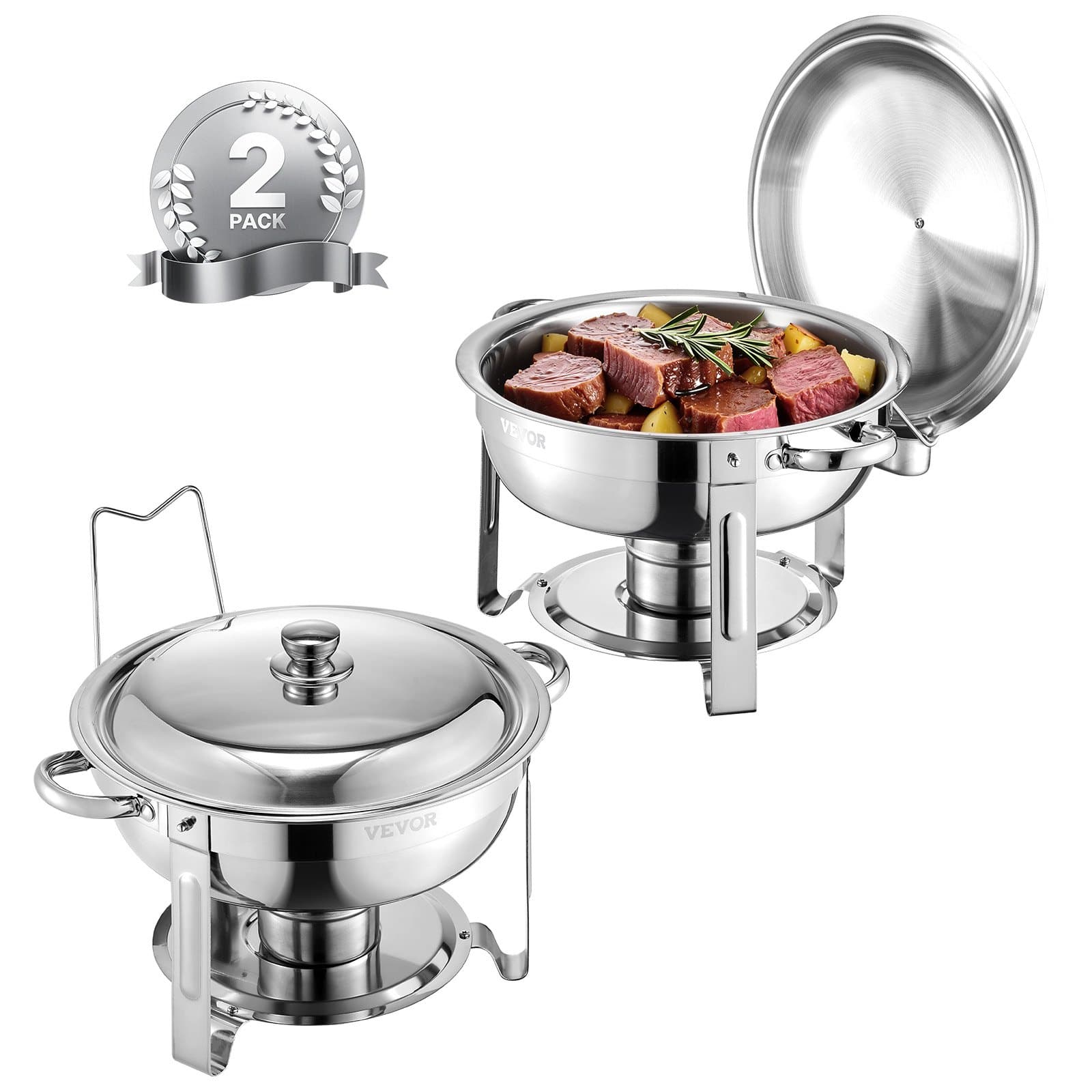 VEVOR 5L Chafing Dish Buffet Set, 2-Pack Stainless Steel Round Catering Warmers with Lids & Folding Stands, Silver