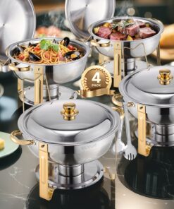 VEVOR 4-Pack 4.7L Gold Stainless Steel Chafing Dish Set with Full-Size Pans, Folding Stand & Lid – Buffet Warmer for Events