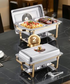 VEVOR 2-Pack 3.8L Stainless Steel Chafing Dish Set, Gold Buffet Warmer with Glass Lid, Folding Stand, for Events & Catering
