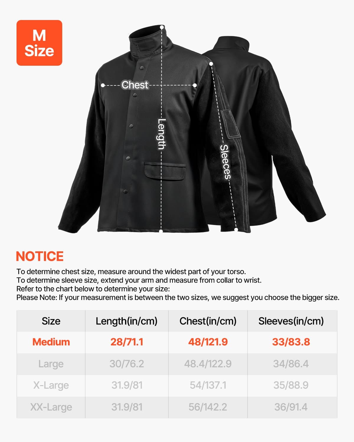 VEVOR Flame-Resistant Welding Jacket M – Cowhide Leather Sleeves & FR Cotton, Heat-Resistant, Snap Buttons, 2 Pockets – Paveikslėlis 7