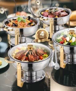 VEVOR 4-Pack 5L Gold Stainless Steel Chafing Dish Set with Glass Lid & Folding Stand for Buffet, Wedding, Party Catering