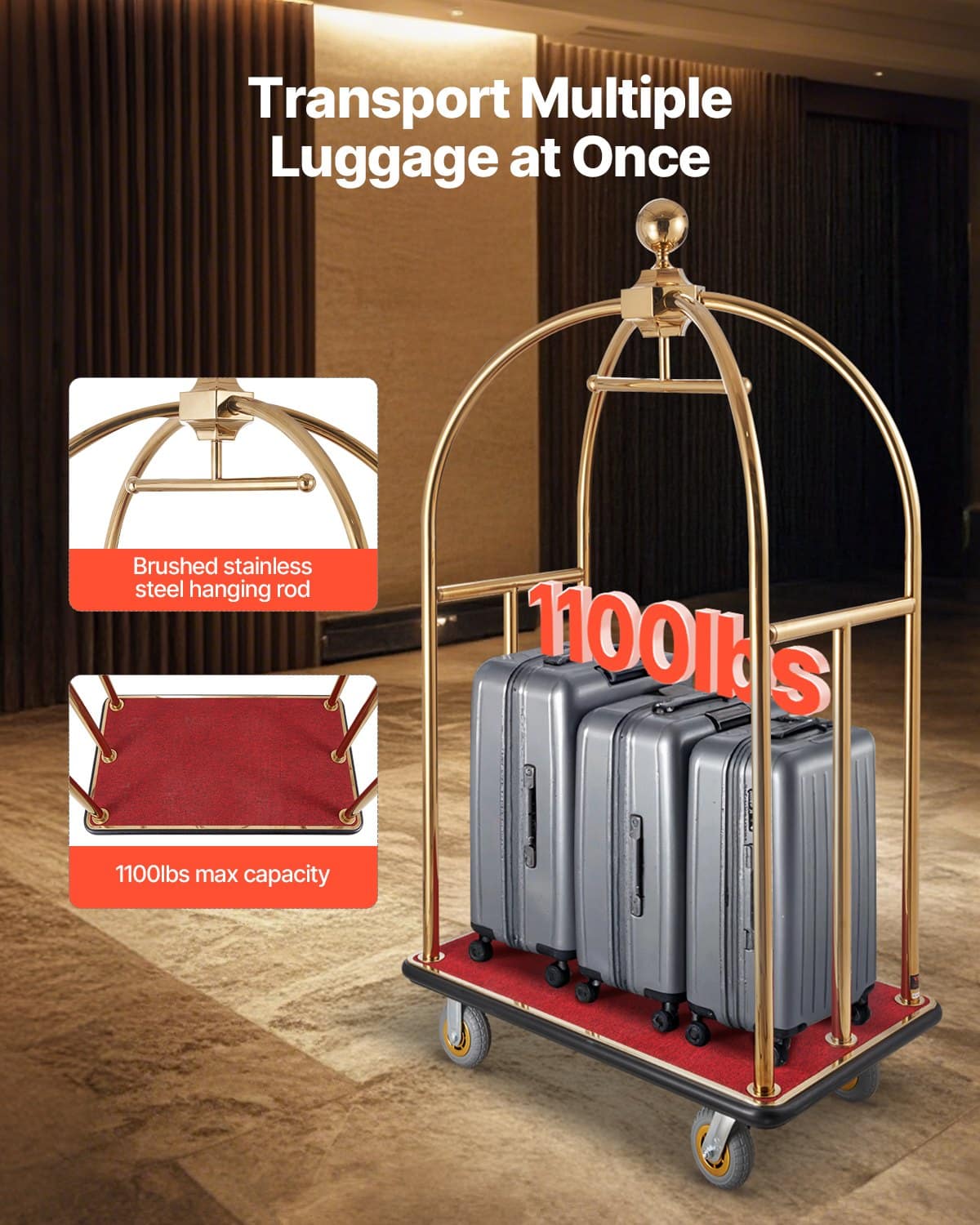 VEVOR Stainless Steel Hotel Luggage Cart, 500 kg Load, Red Carpet Base, Silent Wheels, for Hotels, Resorts, Condos – Paveikslėlis 2