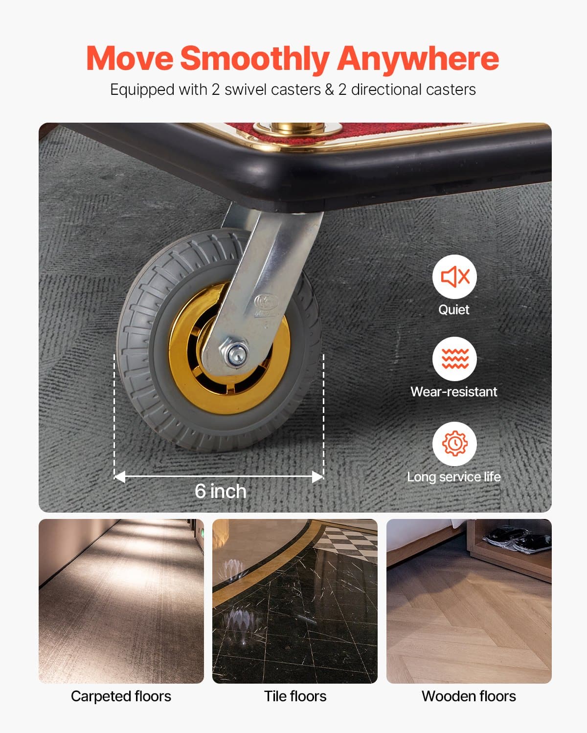 VEVOR Stainless Steel Hotel Luggage Cart, 500 kg Load, Red Carpet Base, Silent Wheels, for Hotels, Resorts, Condos – Paveikslėlis 4