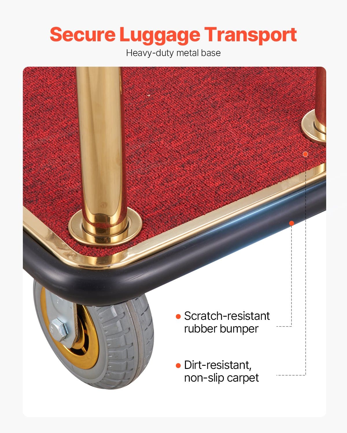 VEVOR Stainless Steel Hotel Luggage Cart, 500 kg Load, Red Carpet Base, Silent Wheels, for Hotels, Resorts, Condos – Paveikslėlis 5