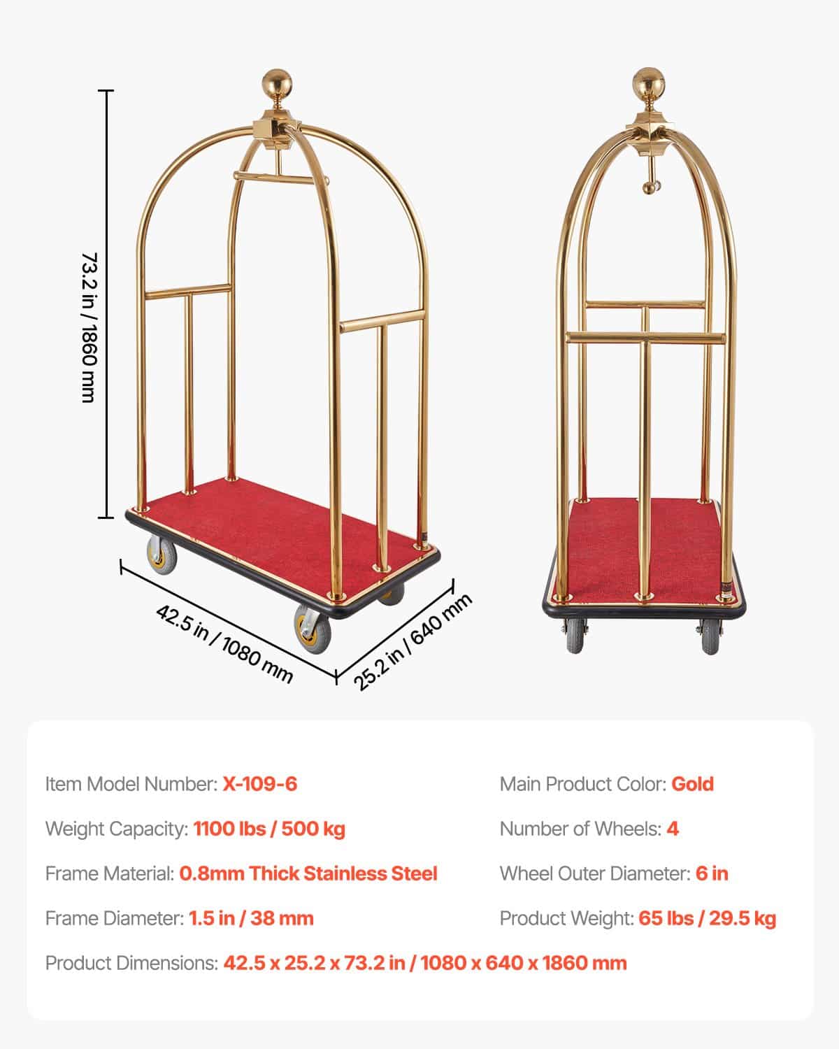 VEVOR Stainless Steel Hotel Luggage Cart, 500 kg Load, Red Carpet Base, Silent Wheels, for Hotels, Resorts, Condos – Paveikslėlis 7