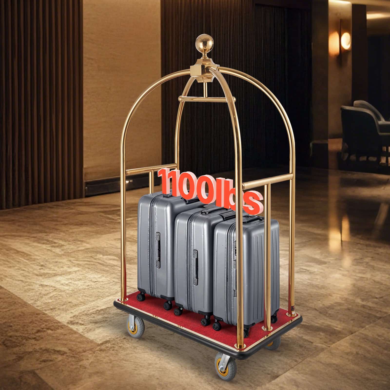 VEVOR Stainless Steel Hotel Luggage Cart, 500 kg Load, Red Carpet Base, Silent Wheels, for Hotels, Resorts, Condos – Paveikslėlis 8