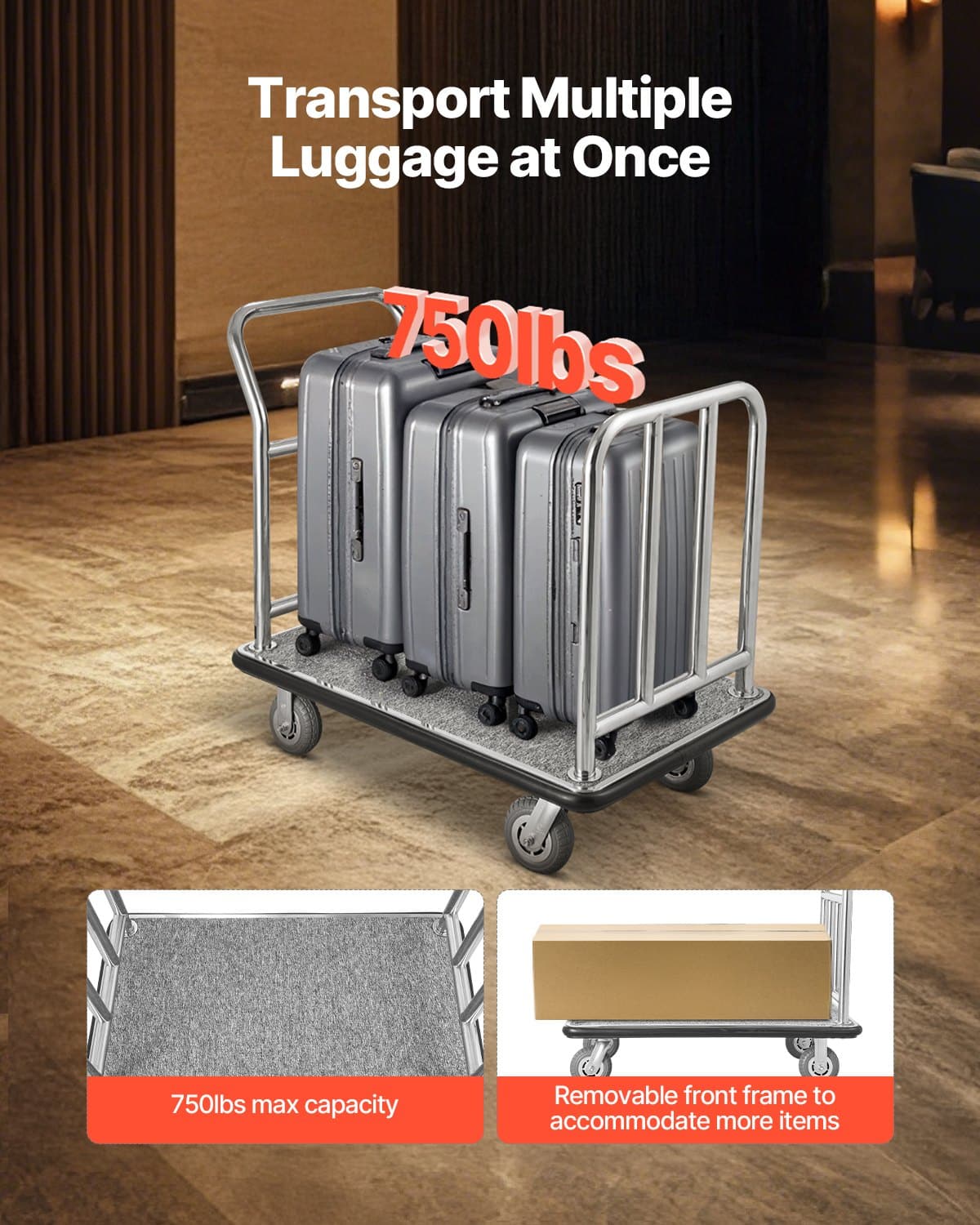 VEVOR Hotel Luggage Cart, 340 kg Capacity, Stainless Steel Bellman Trolley with Grey Carpet Deck, 15 cm Rubber Wheels – Paveikslėlis 2