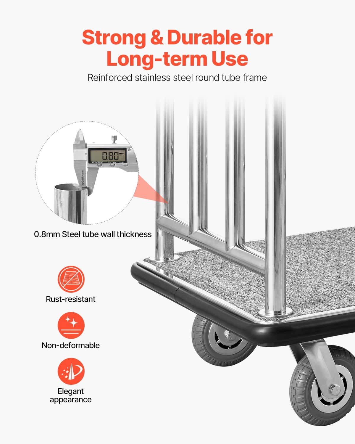 VEVOR Hotel Luggage Cart, 340 kg Capacity, Stainless Steel Bellman Trolley with Grey Carpet Deck, 15 cm Rubber Wheels – Paveikslėlis 3