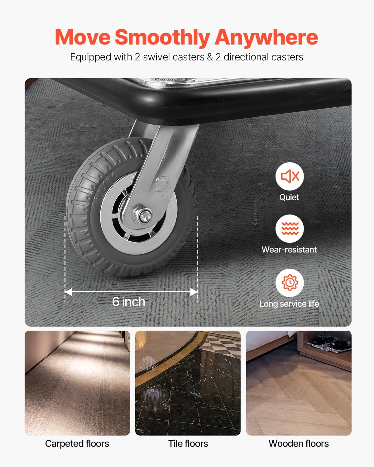 VEVOR Hotel Luggage Cart, 340 kg Capacity, Stainless Steel Bellman Trolley with Grey Carpet Deck, 15 cm Rubber Wheels – Paveikslėlis 4