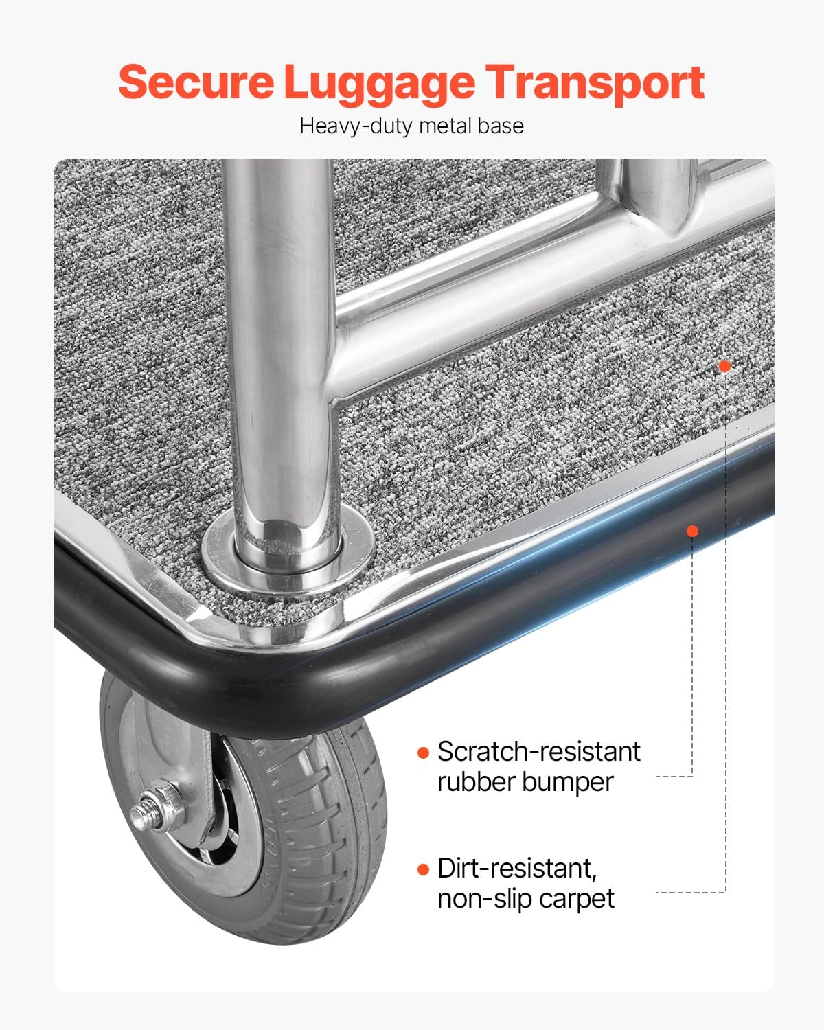 VEVOR Hotel Luggage Cart, 340 kg Capacity, Stainless Steel Bellman Trolley with Grey Carpet Deck, 15 cm Rubber Wheels – Paveikslėlis 5