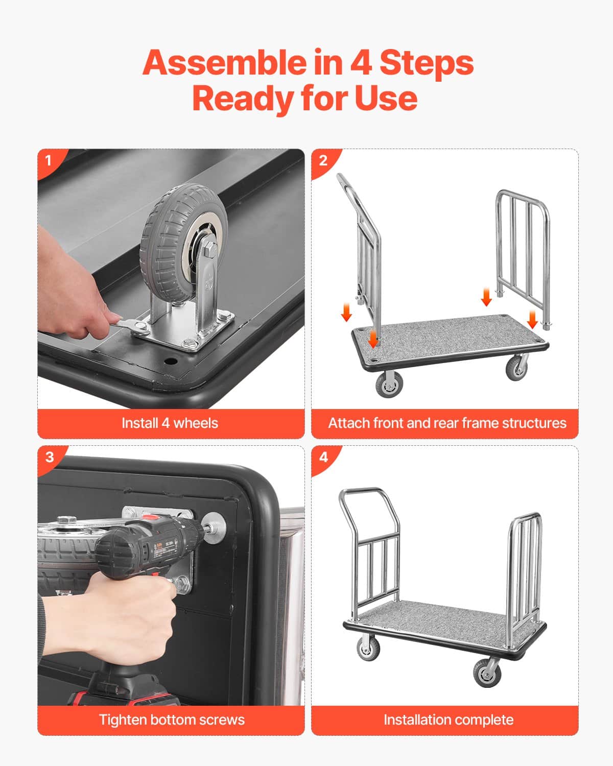 VEVOR Hotel Luggage Cart, 340 kg Capacity, Stainless Steel Bellman Trolley with Grey Carpet Deck, 15 cm Rubber Wheels – Paveikslėlis 6