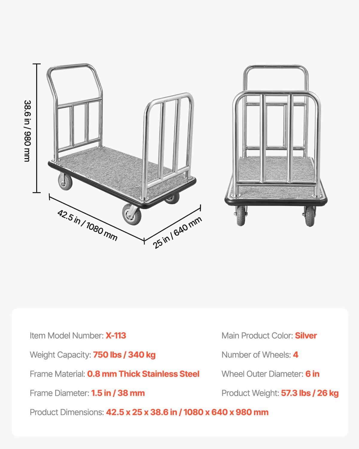 VEVOR Hotel Luggage Cart, 340 kg Capacity, Stainless Steel Bellman Trolley with Grey Carpet Deck, 15 cm Rubber Wheels – Paveikslėlis 7