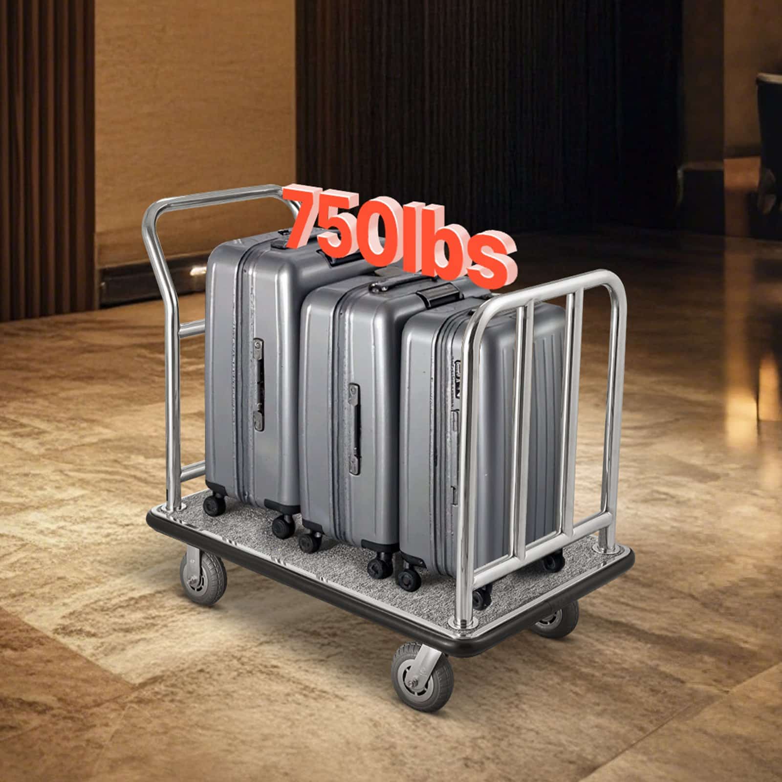 VEVOR Hotel Luggage Cart, 340 kg Capacity, Stainless Steel Bellman Trolley with Grey Carpet Deck, 15 cm Rubber Wheels – Paveikslėlis 8