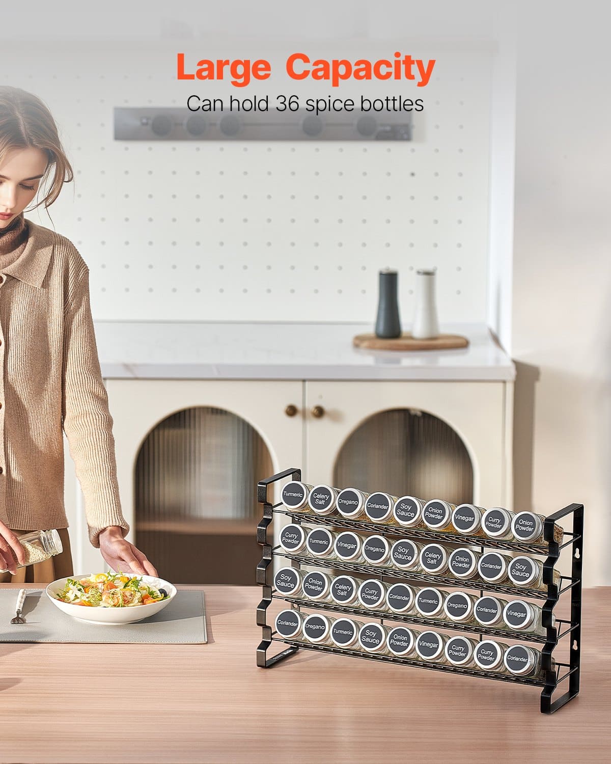 VEVOR 4-Tier Spice Rack Organizer with 36 Glass Jars, Labels & Funnel – Wall-Mount or Countertop, 45x28 cm Kitchen Storage — attēls 2