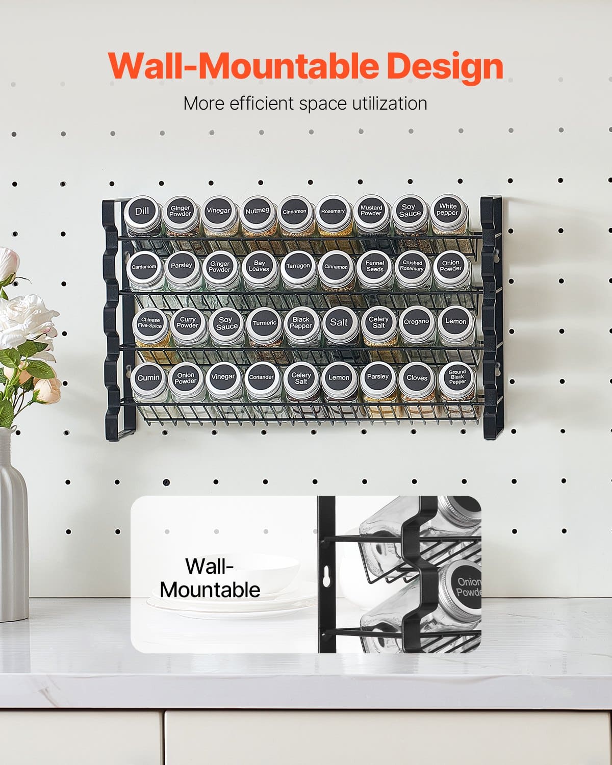 VEVOR 4-Tier Spice Rack Organizer with 36 Glass Jars, Labels & Funnel – Wall-Mount or Countertop, 45x28 cm Kitchen Storage — attēls 4