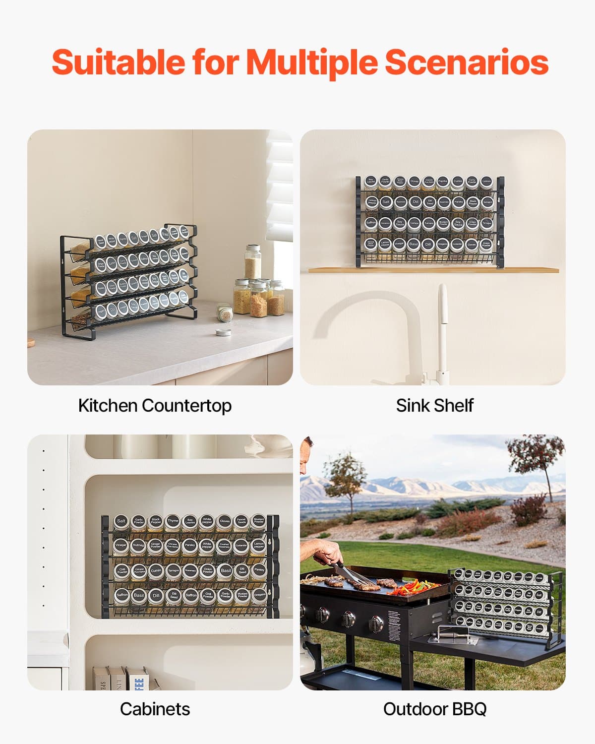 VEVOR 4-Tier Spice Rack Organizer with 36 Glass Jars, Labels & Funnel – Wall-Mount or Countertop, 45x28 cm Kitchen Storage — attēls 6