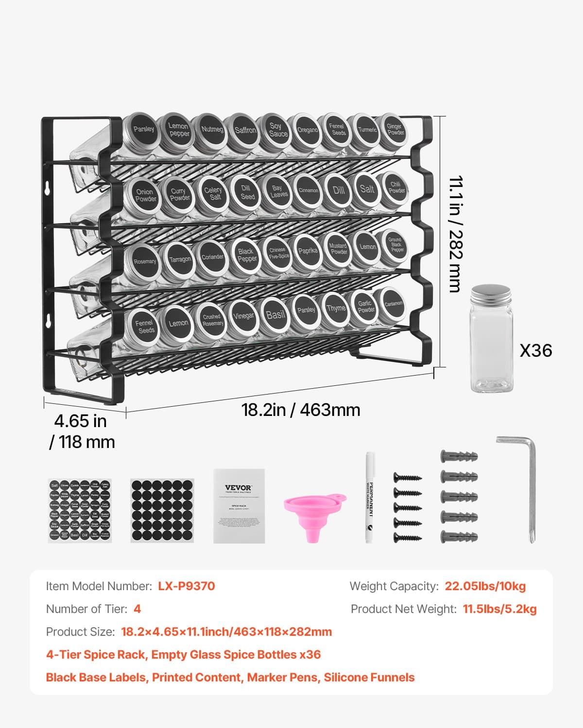 VEVOR 4-Tier Spice Rack Organizer with 36 Glass Jars, Labels & Funnel – Wall-Mount or Countertop, 45x28 cm Kitchen Storage — attēls 7