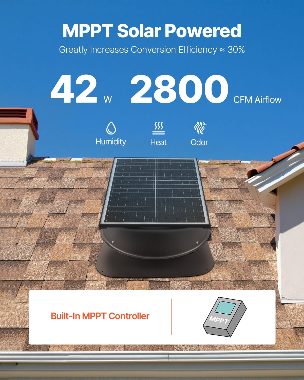 VEVOR 42W Smart Solar Attic Roof Fan with Thermostat, Remote, 4759 m³/h Airflow, Brushless DC Motor for Cooling & Ventilation — изображение 2