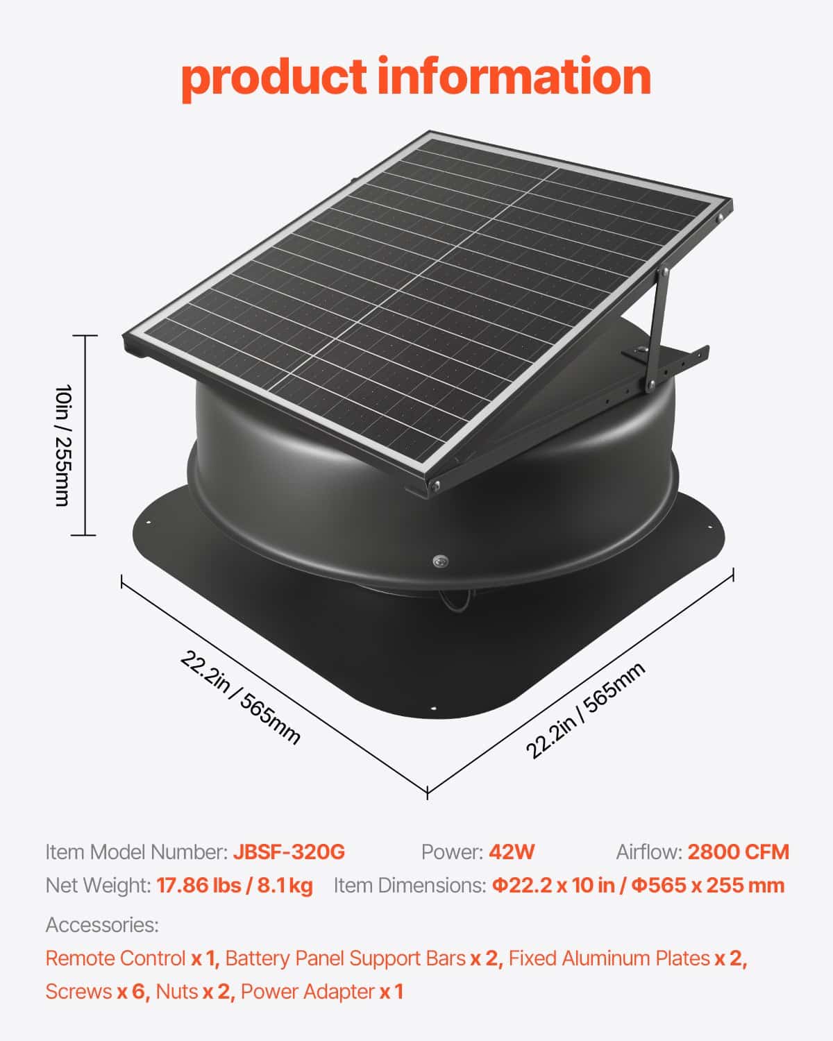 VEVOR 42W Smart Solar Attic Roof Fan with Thermostat, Remote, 4759 m³/h Airflow, Brushless DC Motor for Cooling & Ventilation — изображение 7