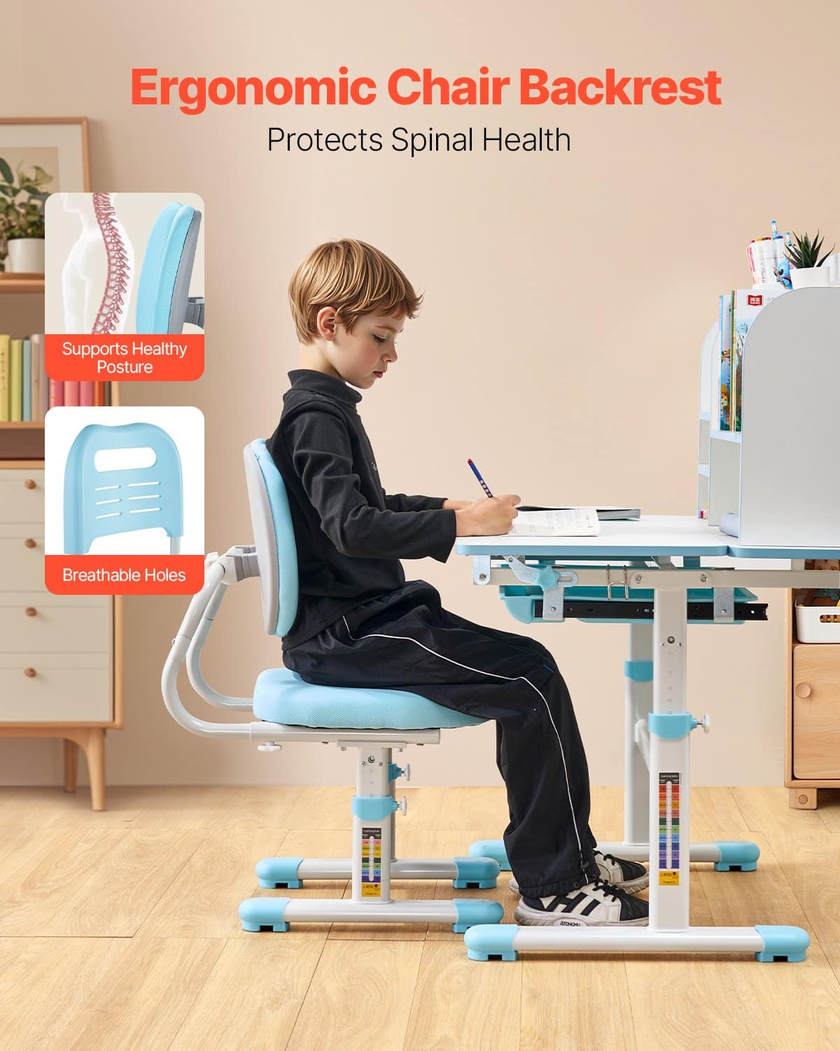 VEVOR Adjustable Kids Study Desk & Chair Set with Bookshelf, Storage Drawer, Ergonomic Design, Blue – Paveikslėlis 4