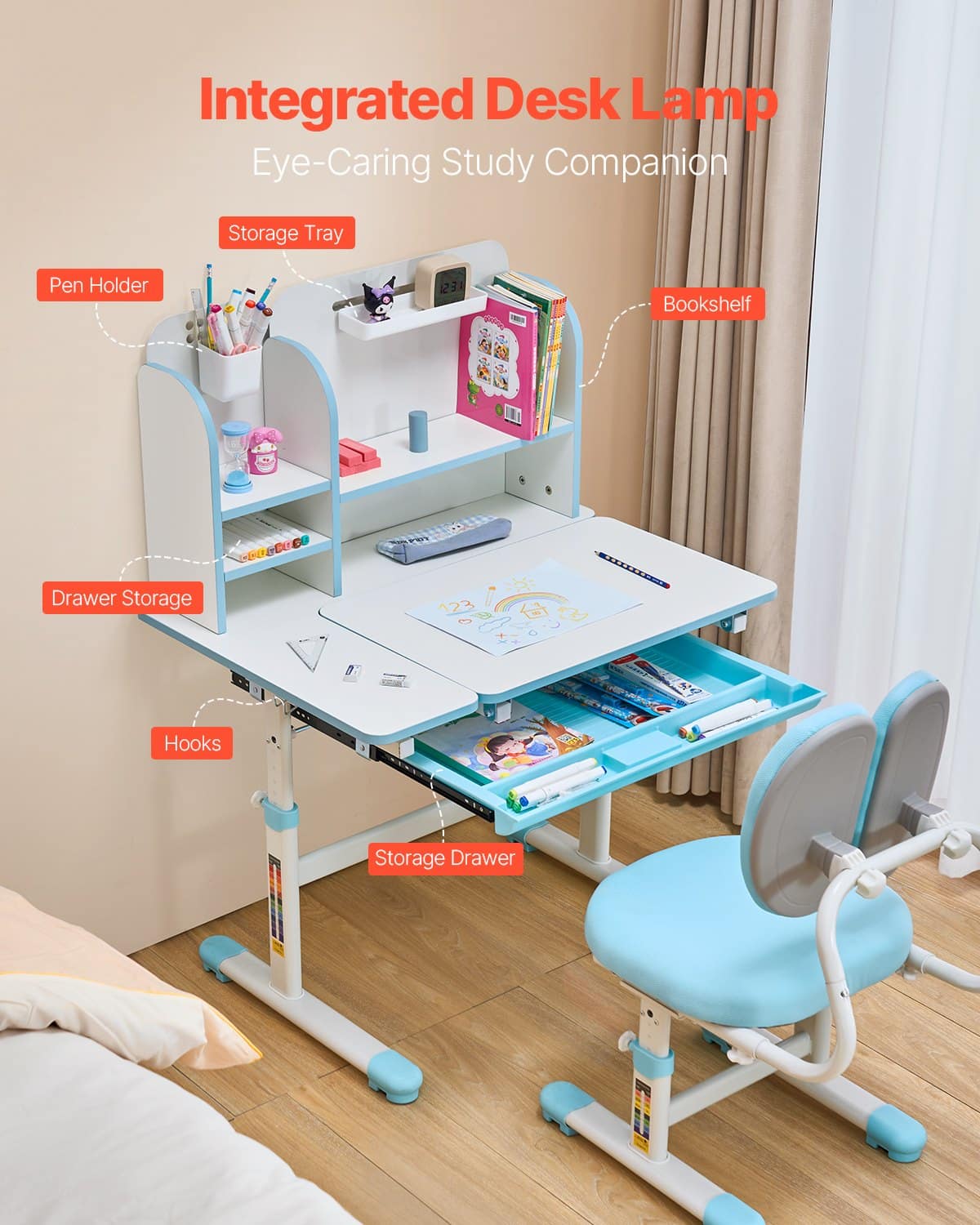 VEVOR Adjustable Kids Study Desk & Chair Set with Bookshelf, Storage Drawer, Ergonomic Design, Blue – Paveikslėlis 5