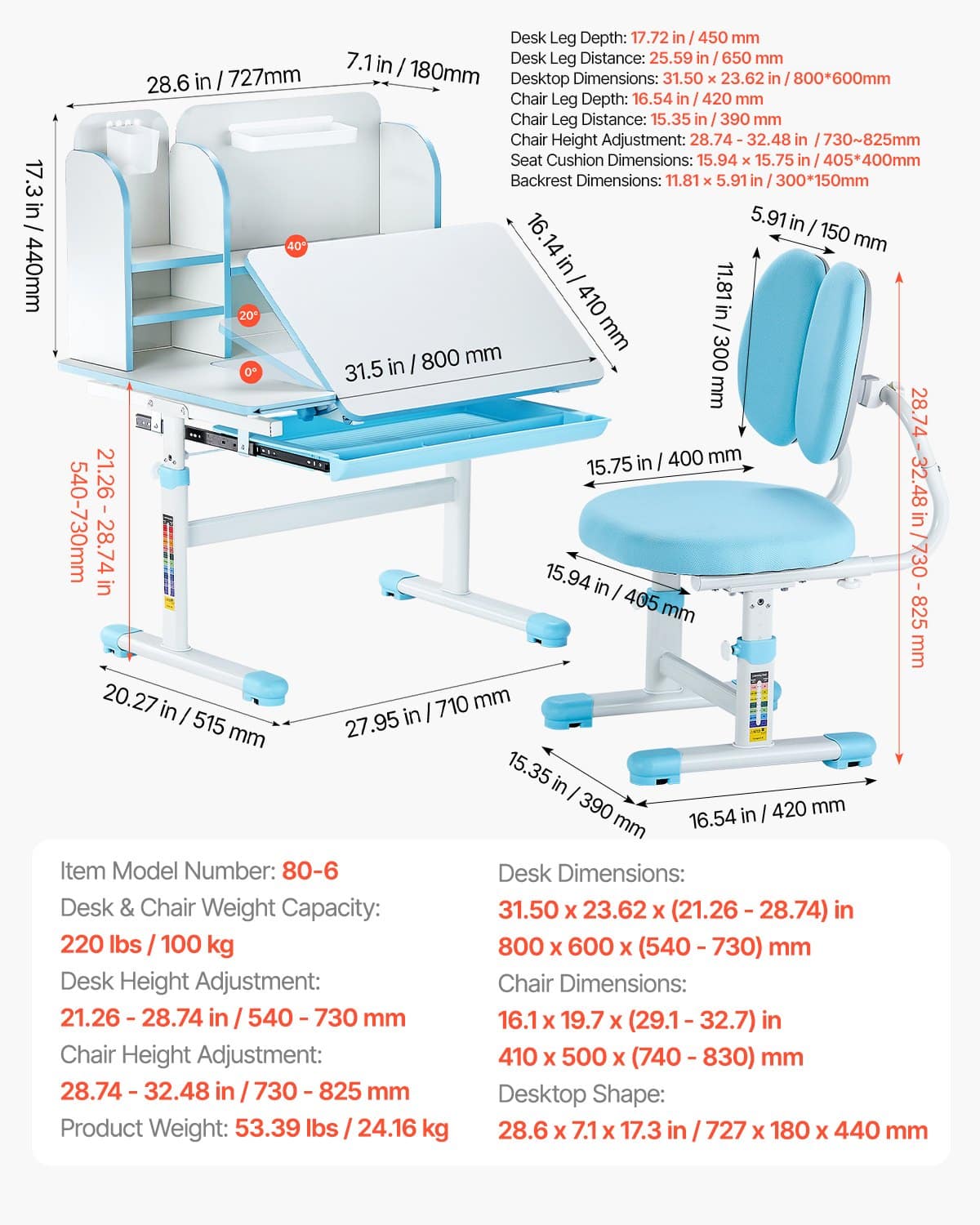 VEVOR Adjustable Kids Study Desk & Chair Set with Bookshelf, Storage Drawer, Ergonomic Design, Blue – Paveikslėlis 7