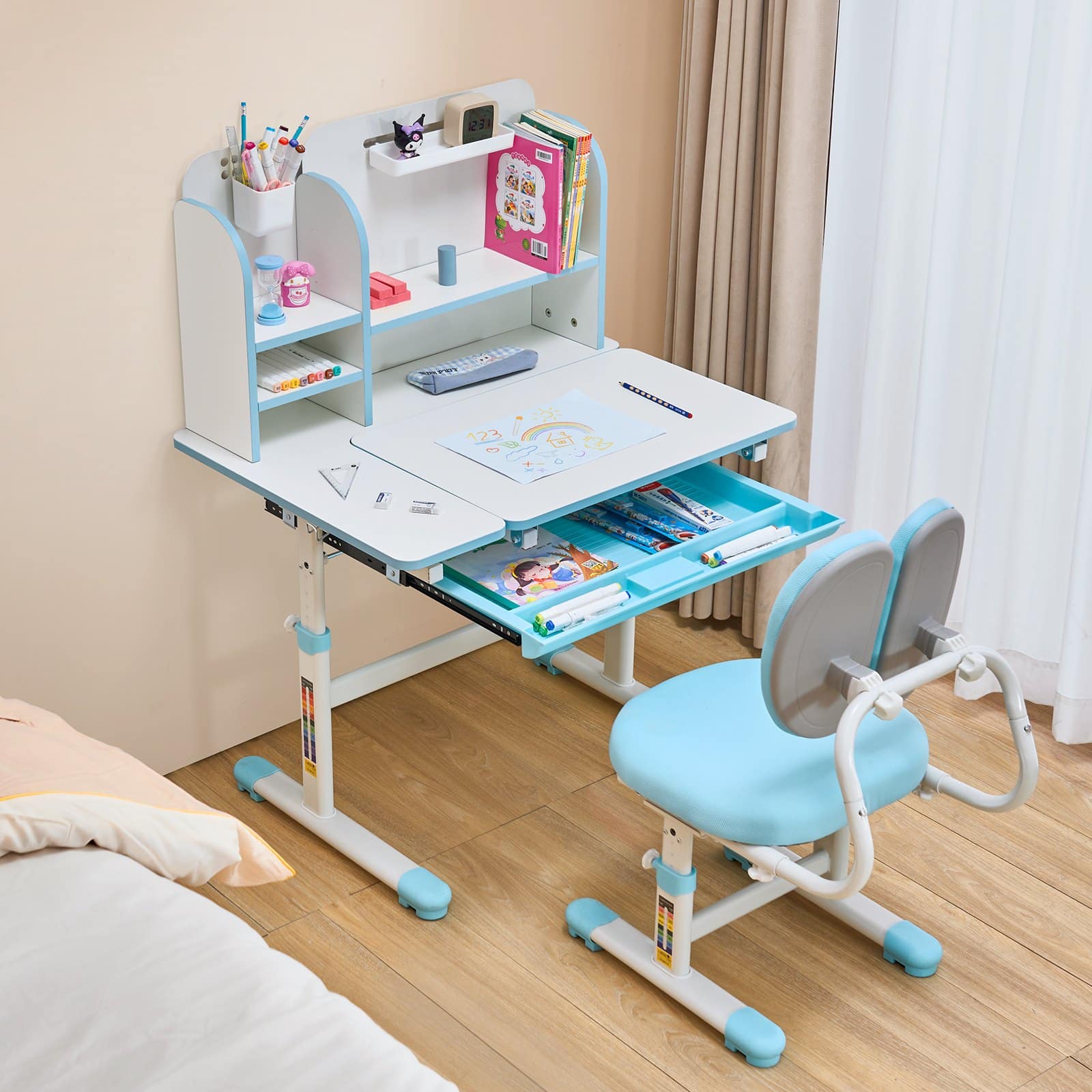 VEVOR Adjustable Kids Study Desk & Chair Set with Bookshelf, Storage Drawer, Ergonomic Design, Blue – Paveikslėlis 8