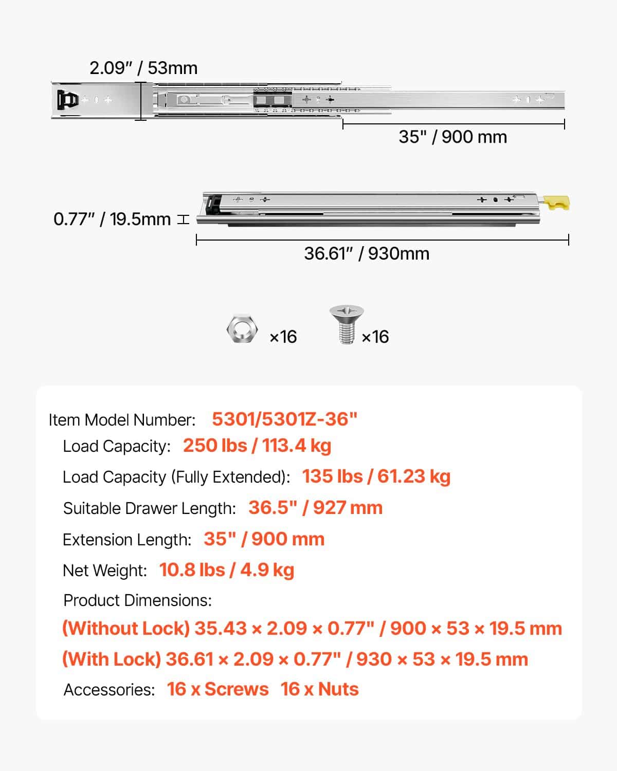 VEVOR Heavy-Duty Locking Drawer Slides, 1 Pair, Full Extension, Ball Bearing, 250 kg Load, 930 mm, Side Mount, Quiet Design - Image 7