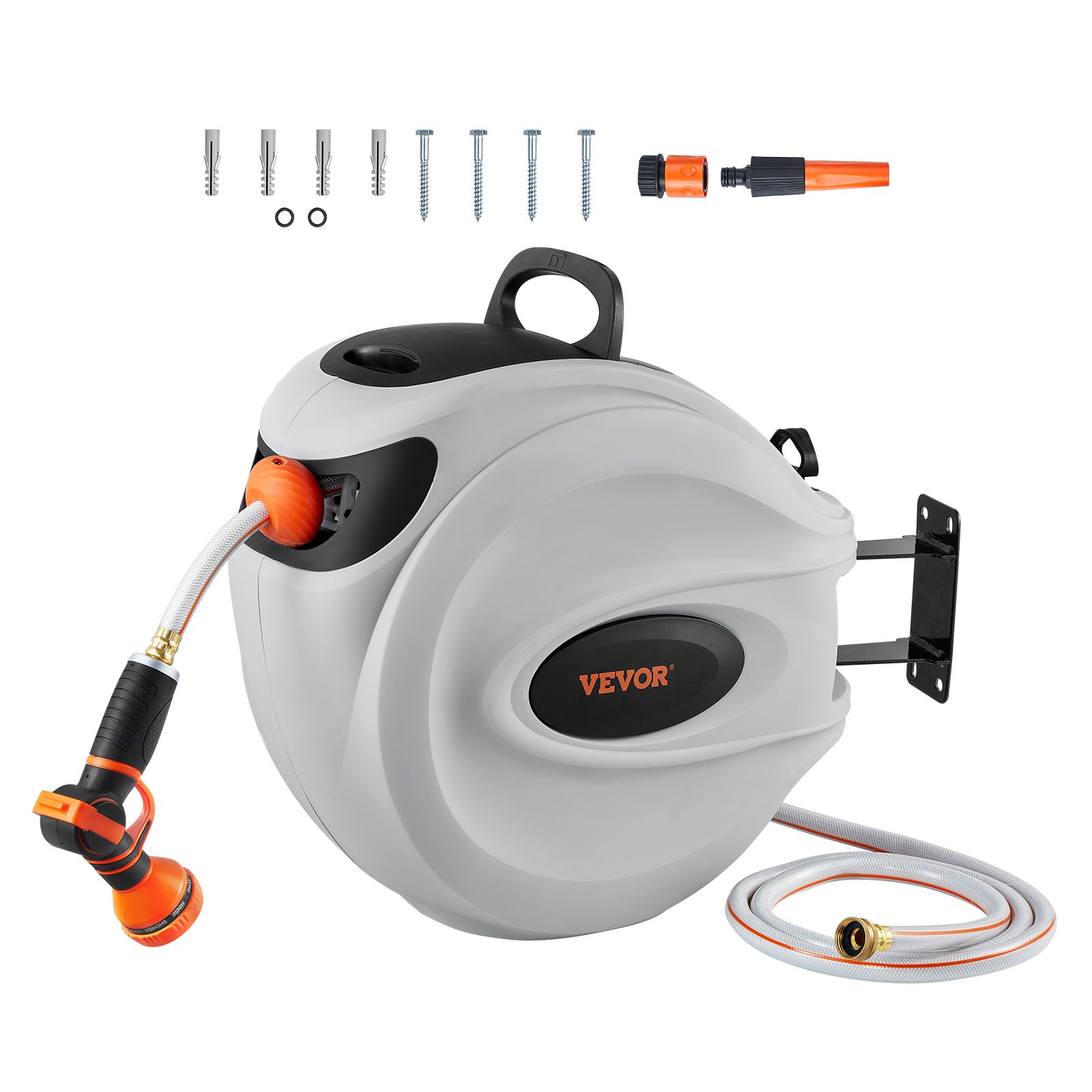 VEVOR Wall-Mounted Retractable Garden Hose Reel 1/2" x 40m with 9-Pattern Nozzle, Auto-Rewind, Lockable Length & 180° Swivel