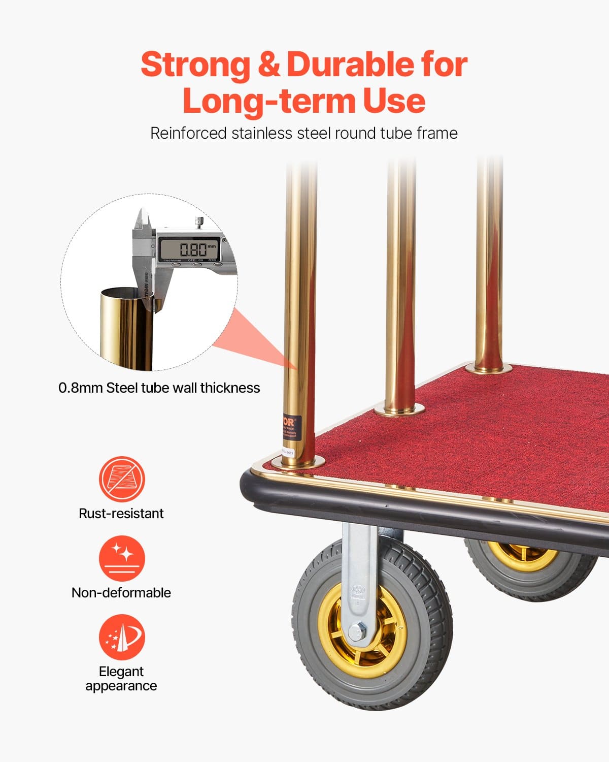 VEVOR Hotel Luggage Cart, 680 kg Capacity, Stainless Steel Bellman Trolley with Red Carpet, 20 cm Rubber Wheels – Paveikslėlis 3