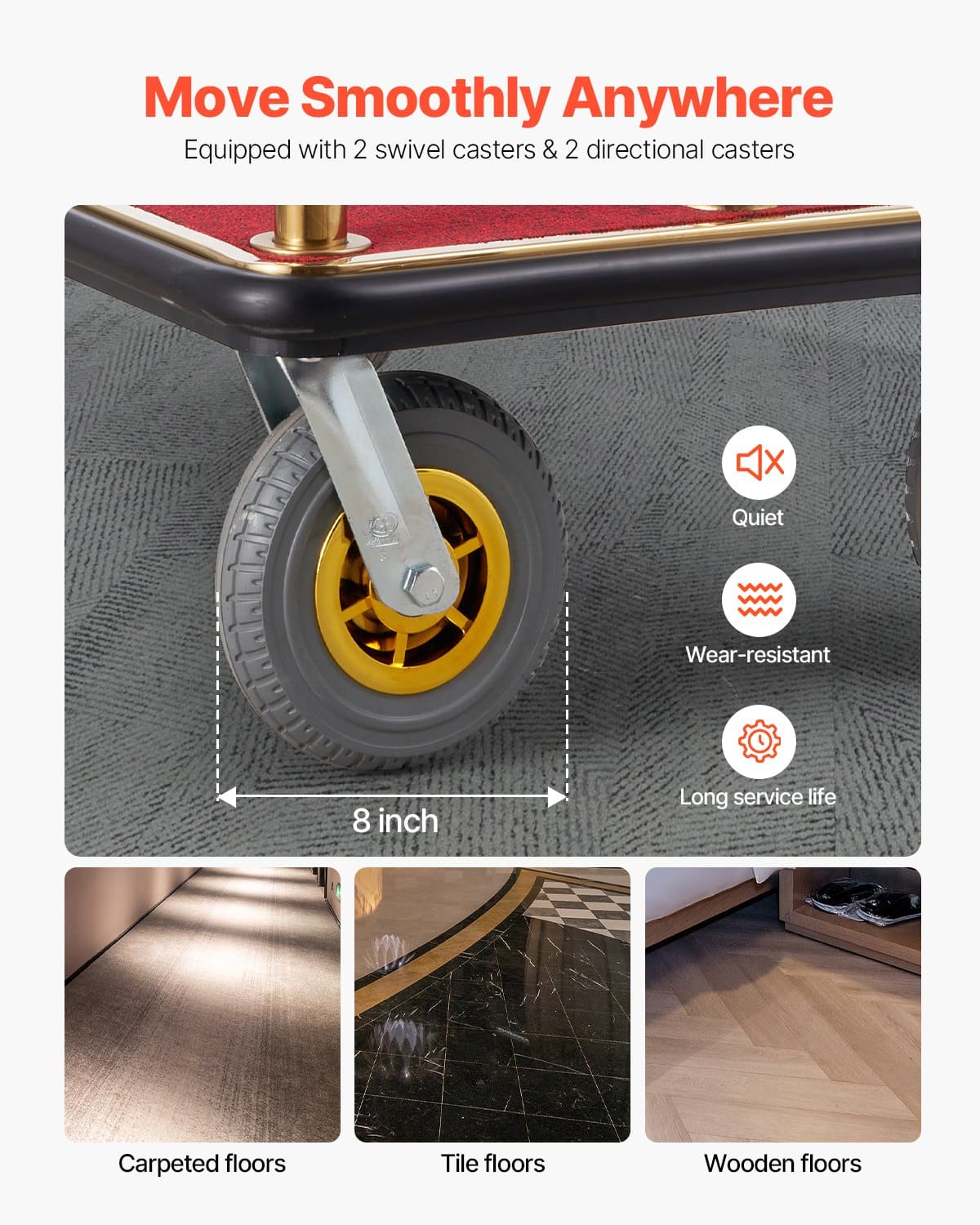 VEVOR Hotel Luggage Cart, 680 kg Capacity, Stainless Steel Bellman Trolley with Red Carpet, 20 cm Rubber Wheels – Paveikslėlis 4