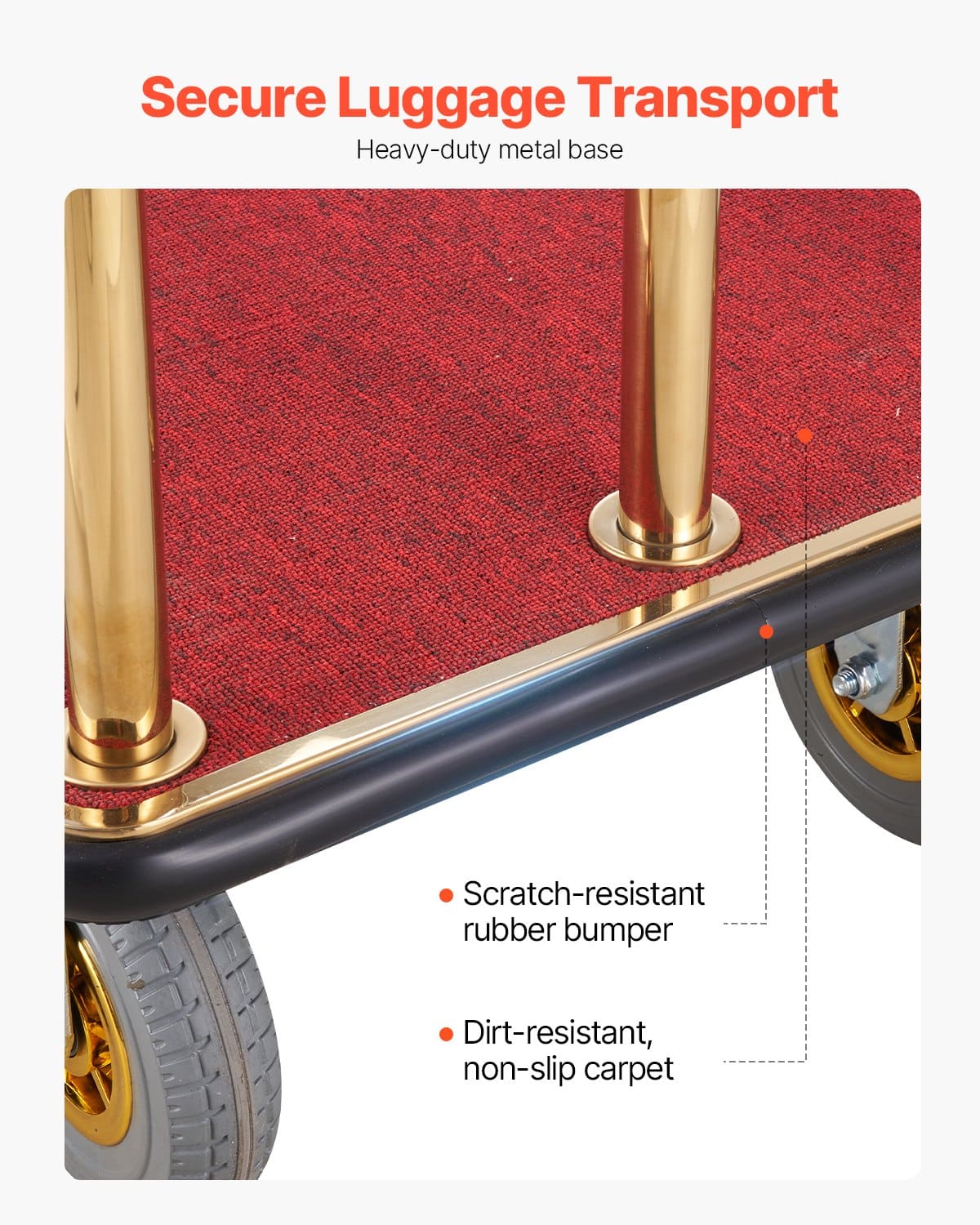 VEVOR Hotel Luggage Cart, 680 kg Capacity, Stainless Steel Bellman Trolley with Red Carpet, 20 cm Rubber Wheels – Paveikslėlis 5