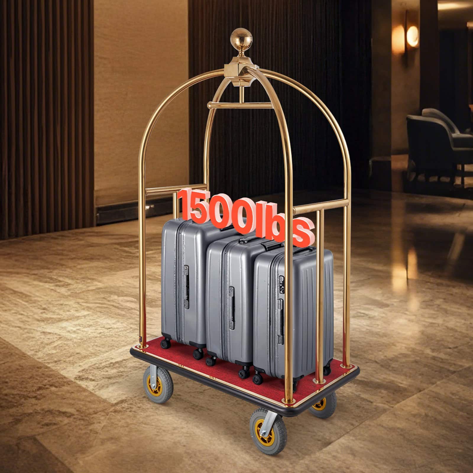 VEVOR Hotel Luggage Cart, 680 kg Capacity, Stainless Steel Bellman Trolley with Red Carpet, 20 cm Rubber Wheels – Paveikslėlis 8