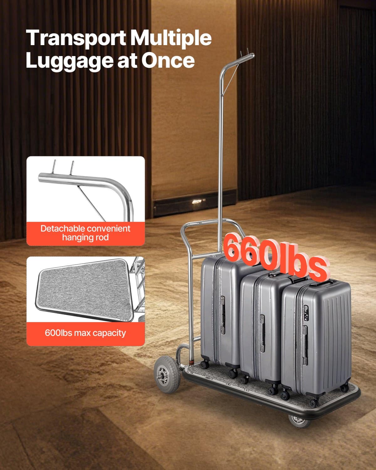 VEVOR Stainless Steel Bellman Luggage Cart, 600 lb (272 kg) Capacity, 3-Wheel, Grey Carpet Deck, Ideal for Hotels & Resorts – Paveikslėlis 2