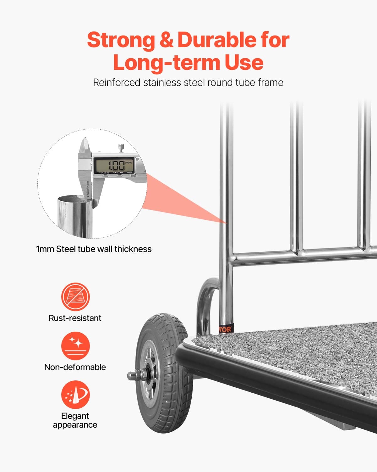 VEVOR Stainless Steel Bellman Luggage Cart, 600 lb (272 kg) Capacity, 3-Wheel, Grey Carpet Deck, Ideal for Hotels & Resorts – Paveikslėlis 3