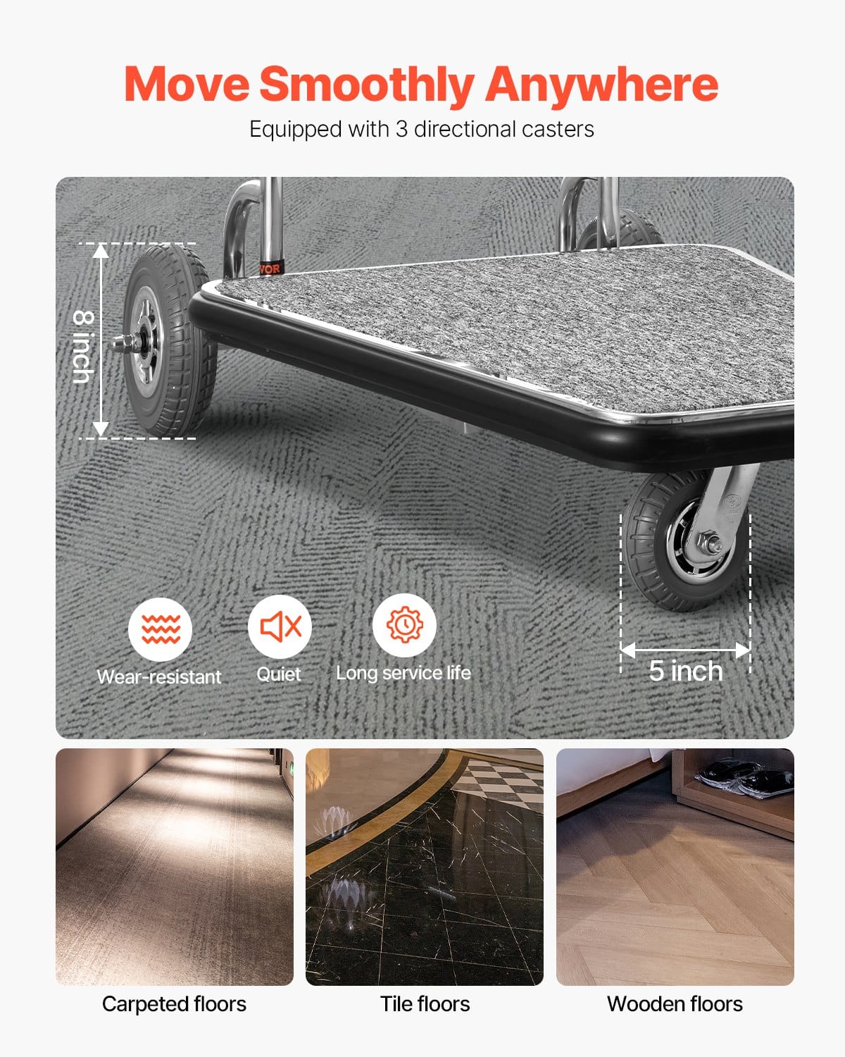 VEVOR Stainless Steel Bellman Luggage Cart, 600 lb (272 kg) Capacity, 3-Wheel, Grey Carpet Deck, Ideal for Hotels & Resorts – Paveikslėlis 4