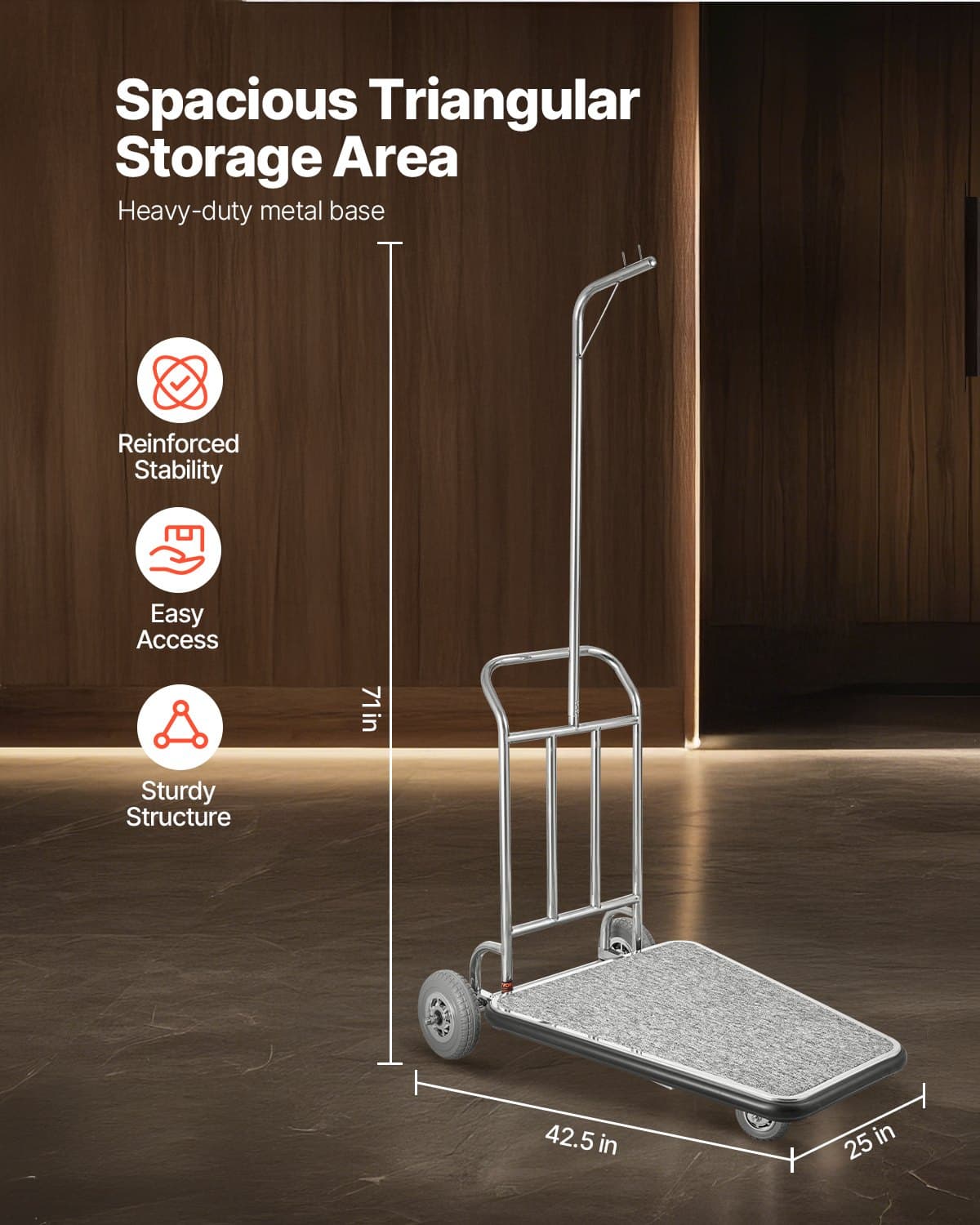 VEVOR Stainless Steel Bellman Luggage Cart, 600 lb (272 kg) Capacity, 3-Wheel, Grey Carpet Deck, Ideal for Hotels & Resorts – Paveikslėlis 5